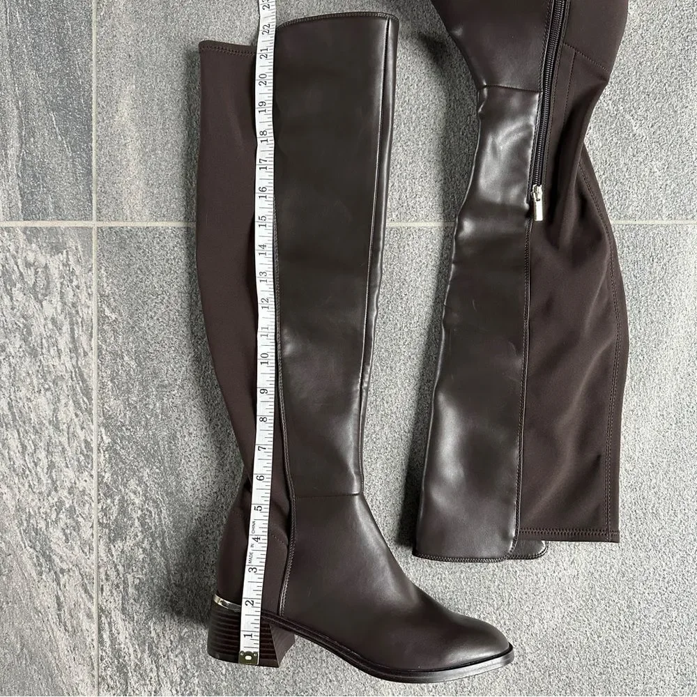 NWOB Calvin Klein Jotty Over The Knee Dress Boots Round Toe Brown Faux Leather 7